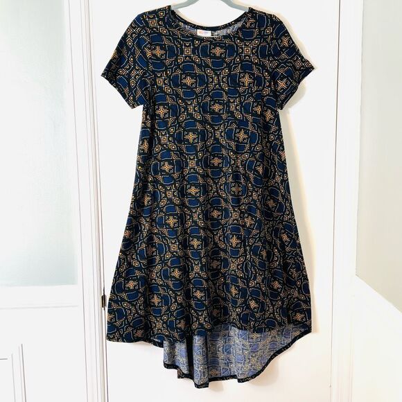 LuLaRoe S Carly Swing Dress Navy & Gold Geometric Print with Breast Pocket - Picture 1 of 10
